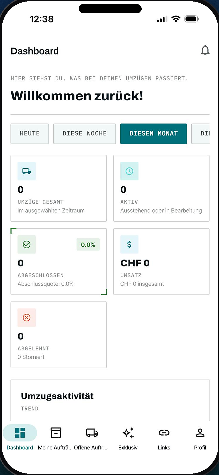 App-Dashboard mit Übersicht aller Umzüge