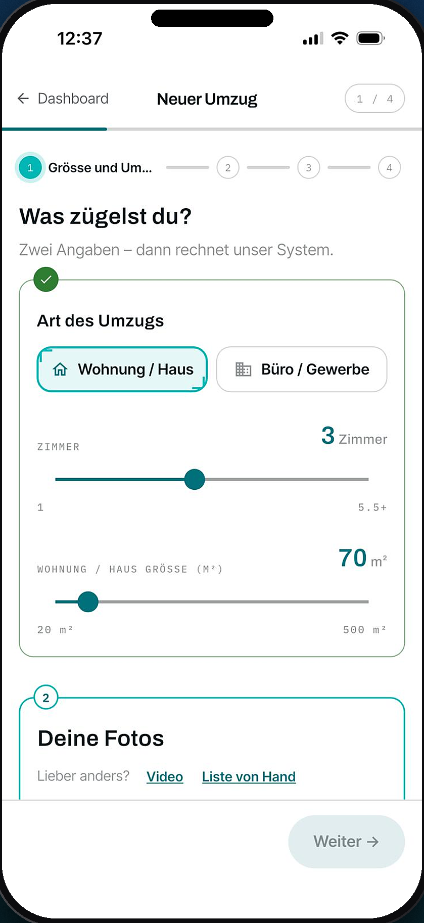 Umzug bestellen: Immobilientyp und Anzahl Zimmer eingeben